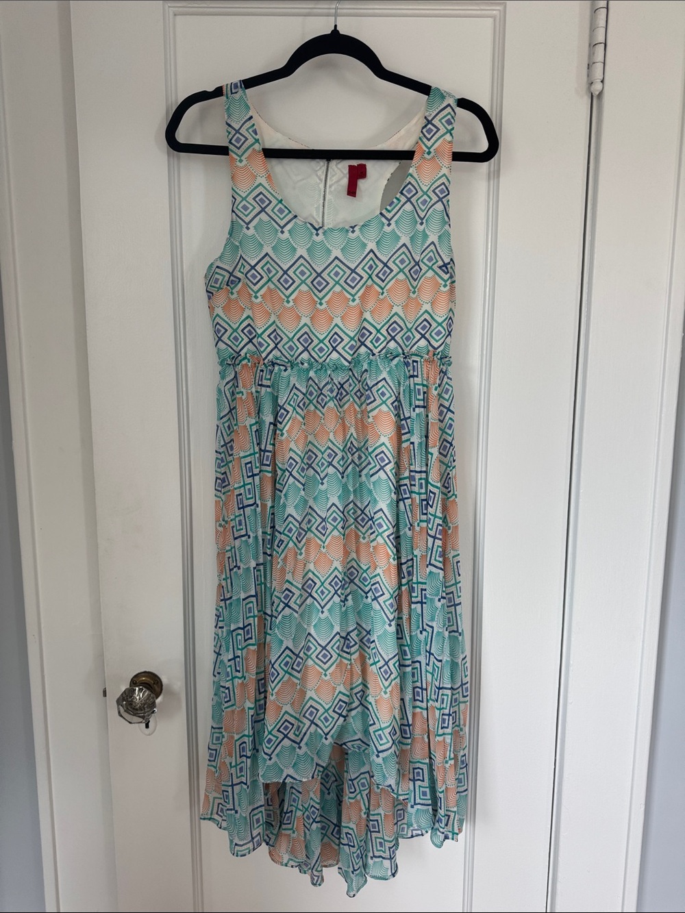 5/48 Mint, Peach & Navy Geometric Asymmetrical Dress